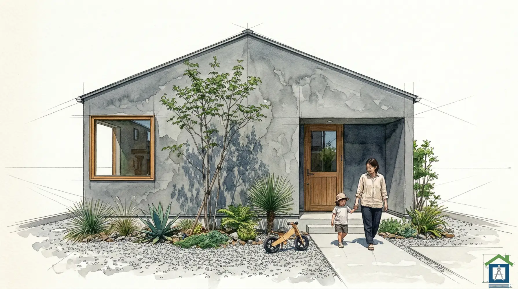 軒の浅いおしゃれなモダン切妻屋根の平屋パース