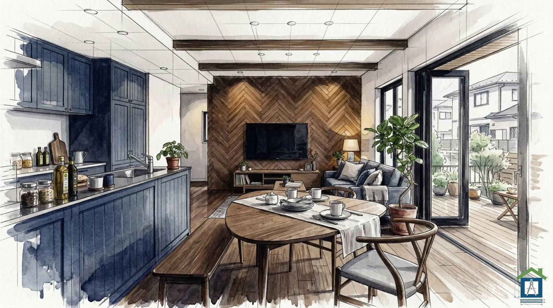 統一感のある造作家具を取り入れた北欧カフェ風リビング