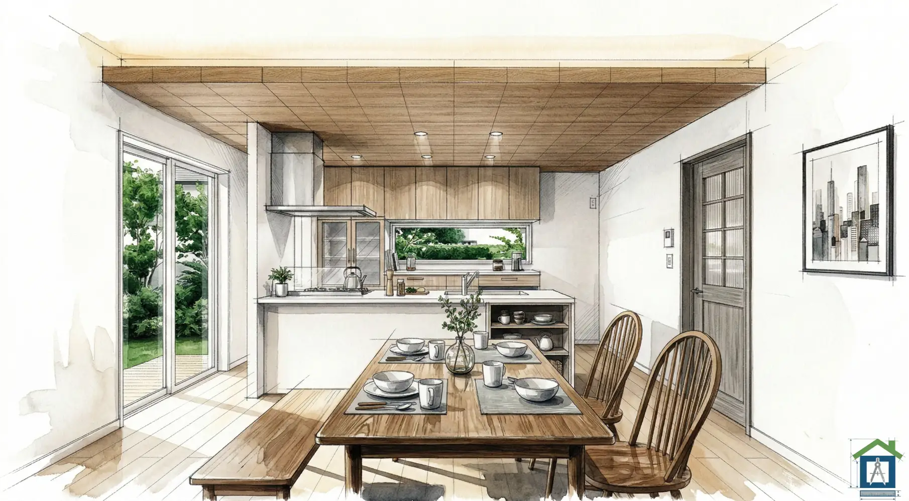 木目調の下がり天井がおしゃれなキッチン