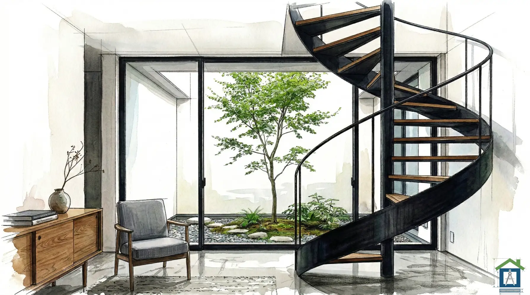 デザイン性の高い鉄骨の螺旋階段と中庭が見える間取り