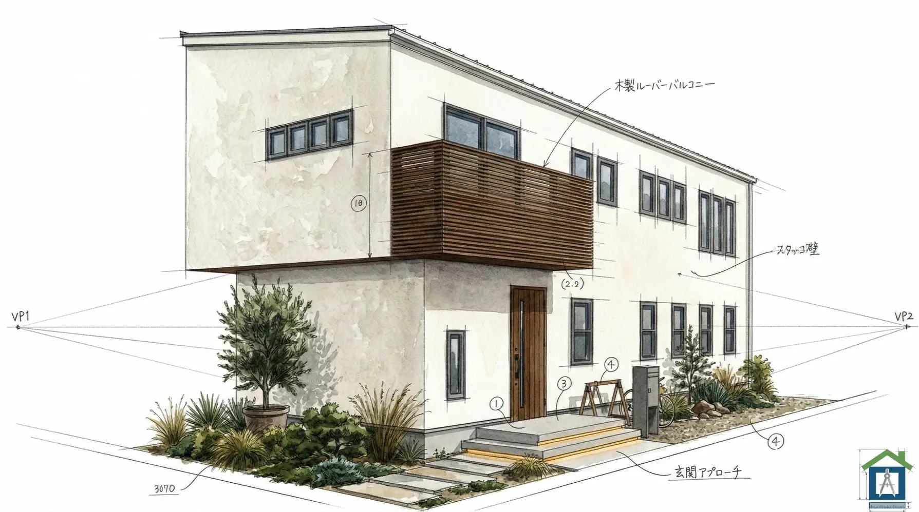 東西に長い土地に建つモダンな2階建ての外観パース