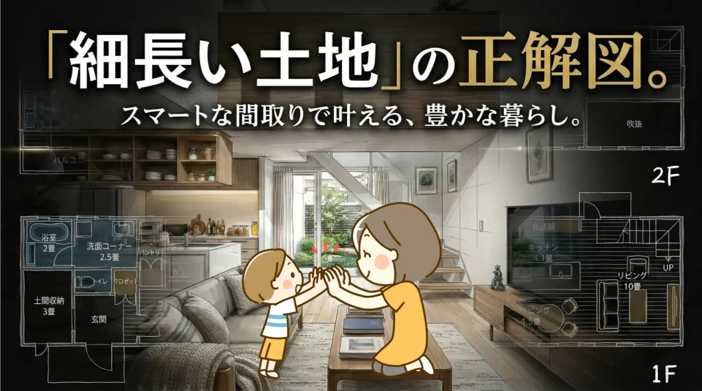 【32坪】東西に長い土地に建てる！西道路の細い間取り例