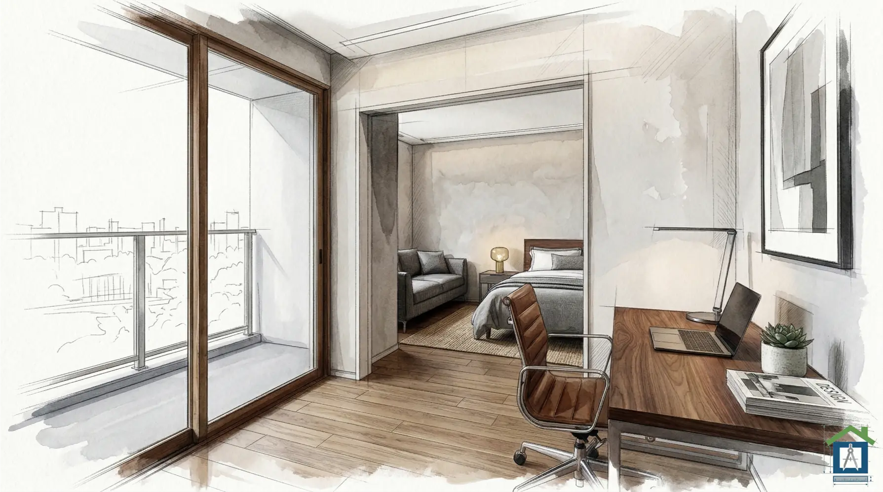 寝室と書斎の内観パース