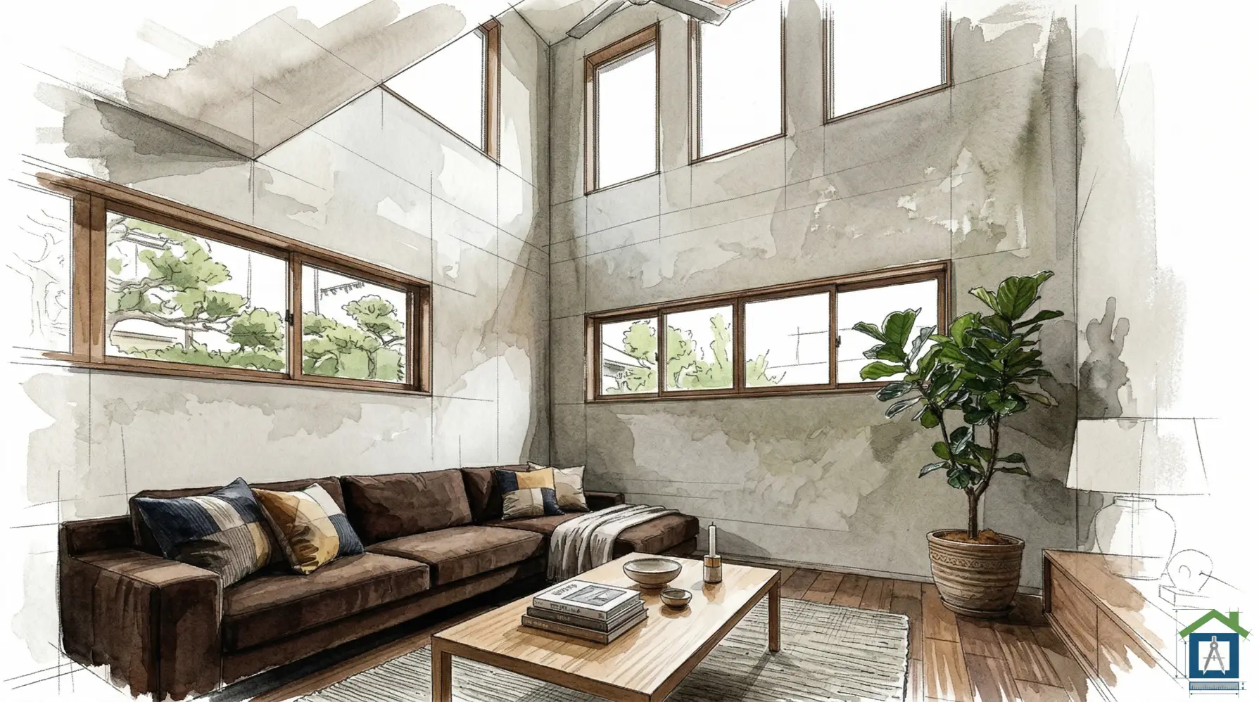 リビングと吹き抜けの内観パース。高窓がポイント