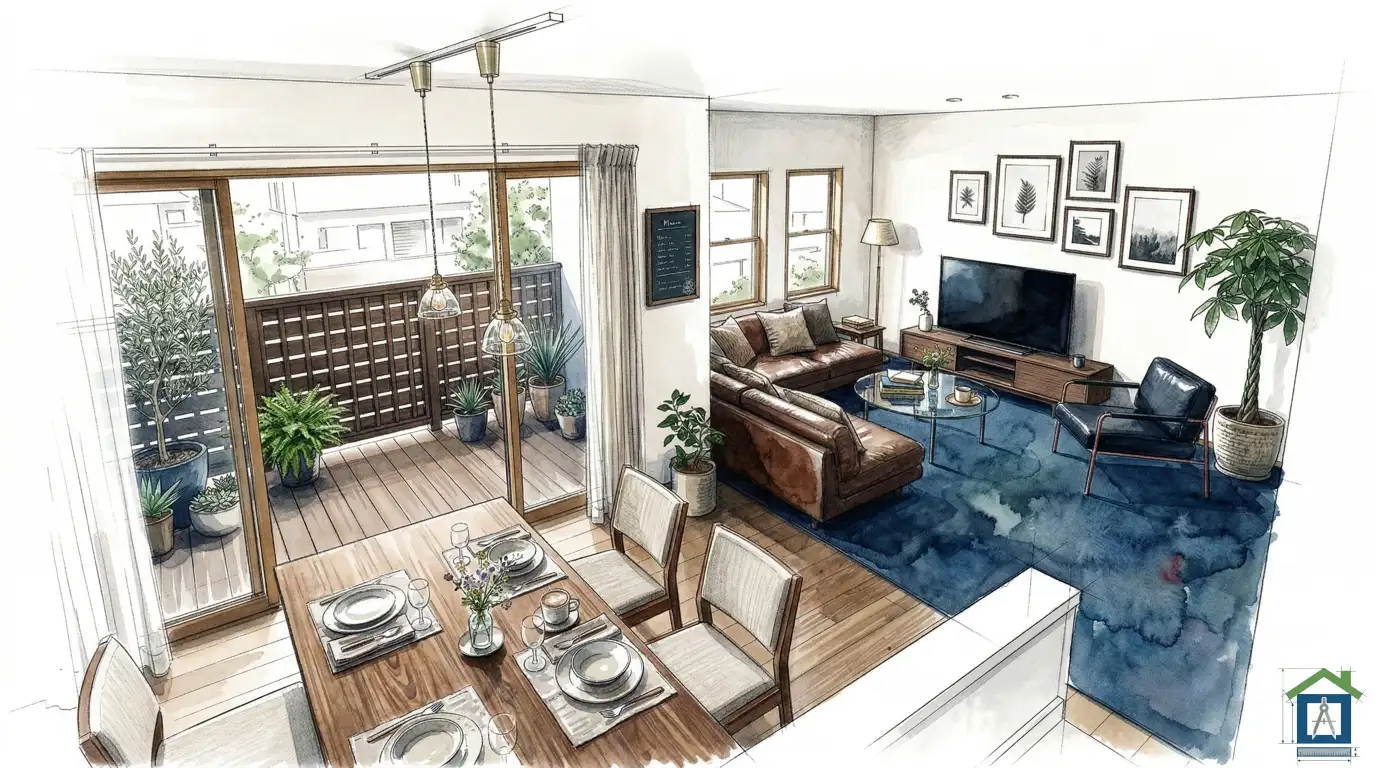 リビングを独立させたL字型の内観パース