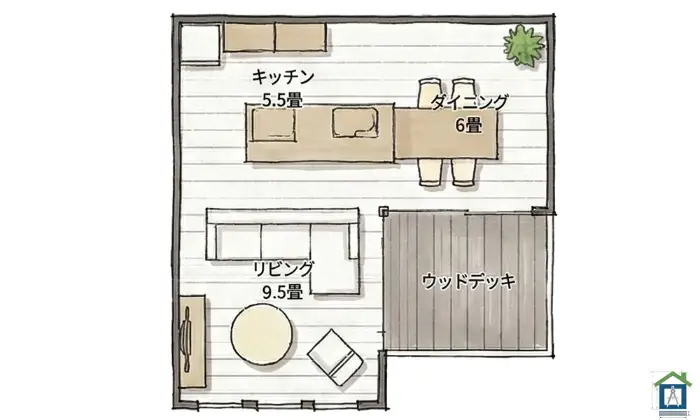 キッチンを真ん中に配置したL字型間取り図