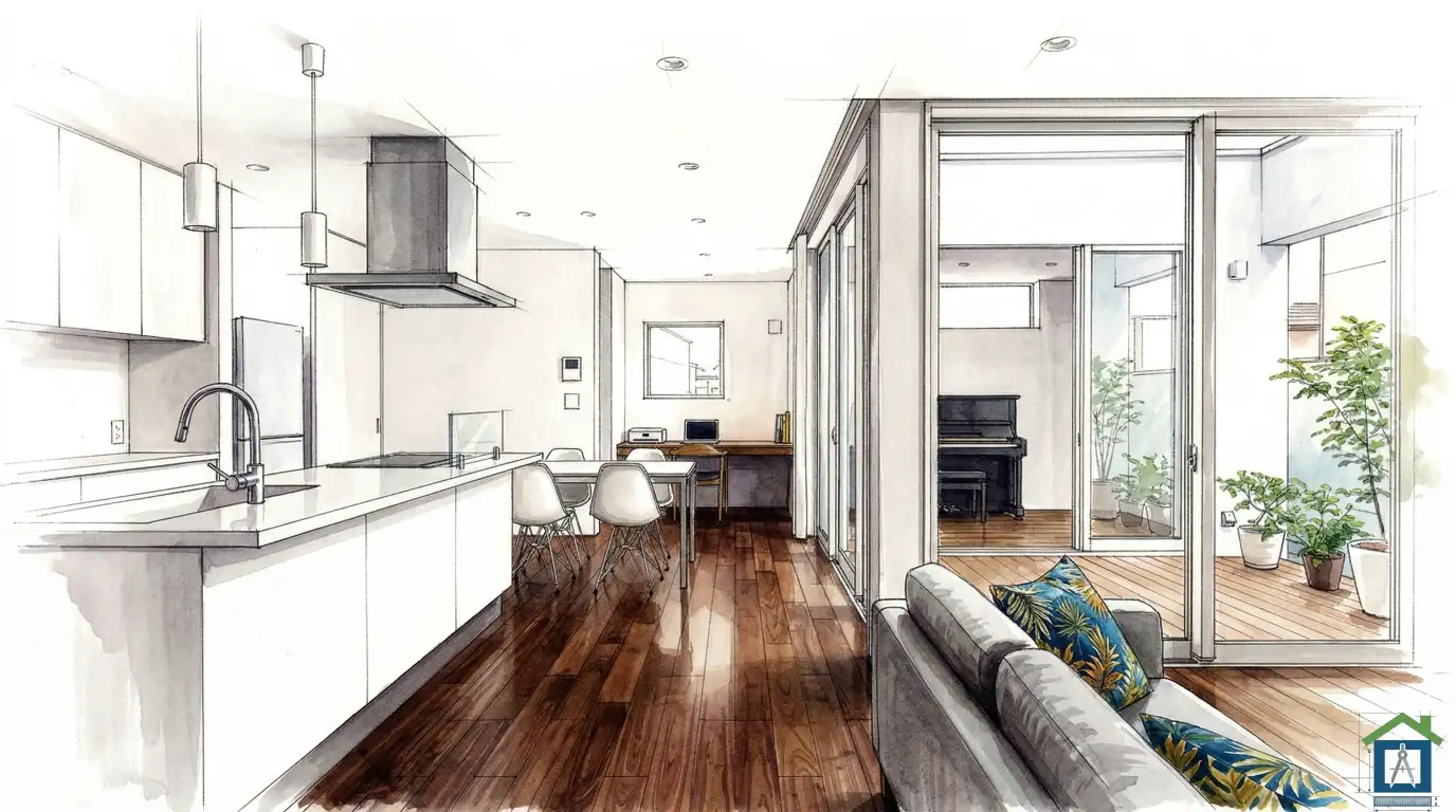 キッチンを真ん中に配置したL字型の内観パース