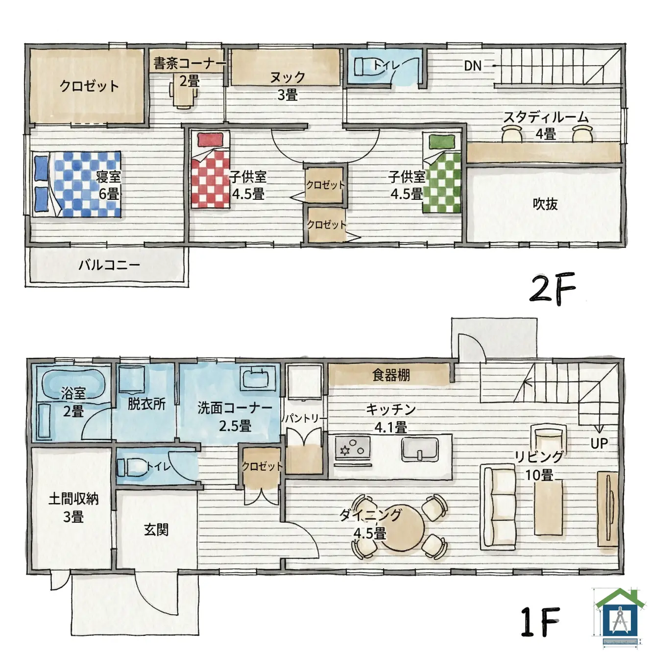 東西に長い32坪の間取り図。吹き抜けと回遊動線が特徴
