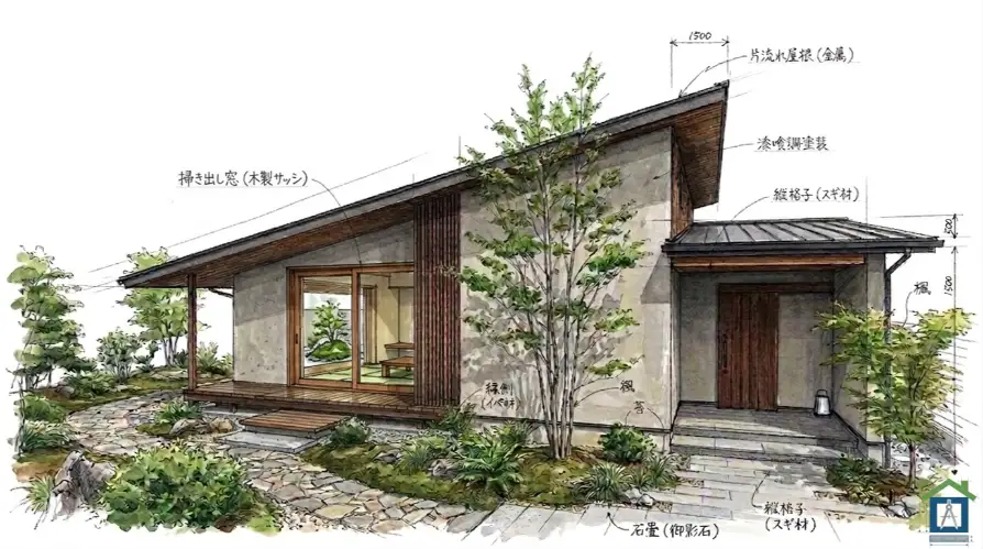 平屋のおしゃれな外観パース