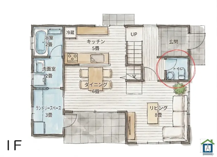 1Fトイレ位置を強調した間取り図