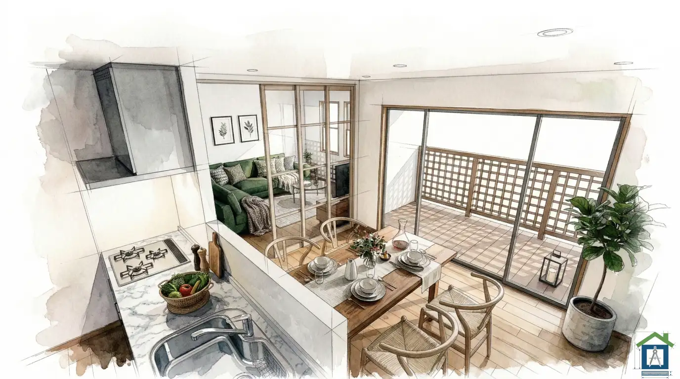 L字型間取りのおしゃれな内観パース