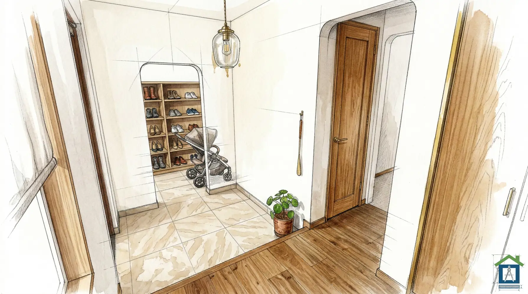 広々とした土間収納(シューズクローク)のあるおしゃれな玄関