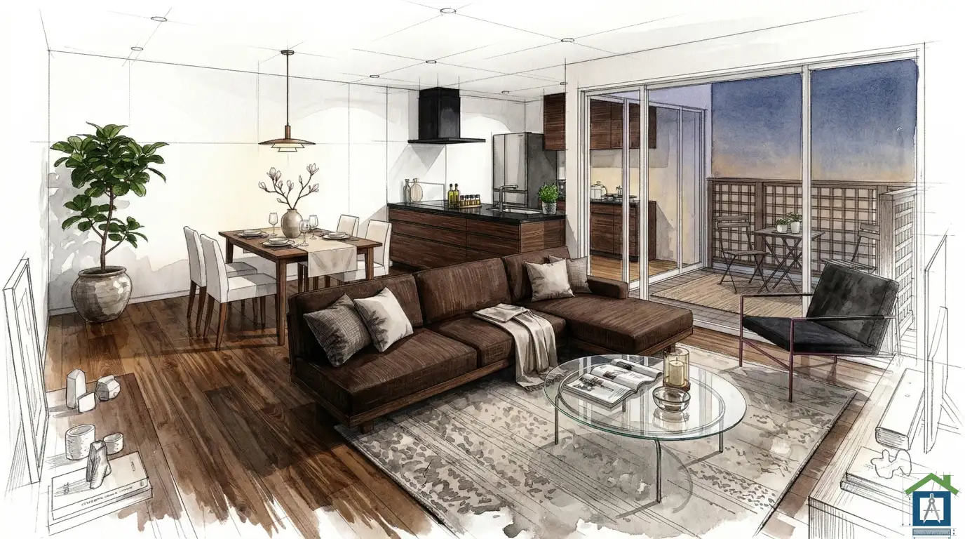 リビングとダイニングを直線上に配置したL字型の内観パース