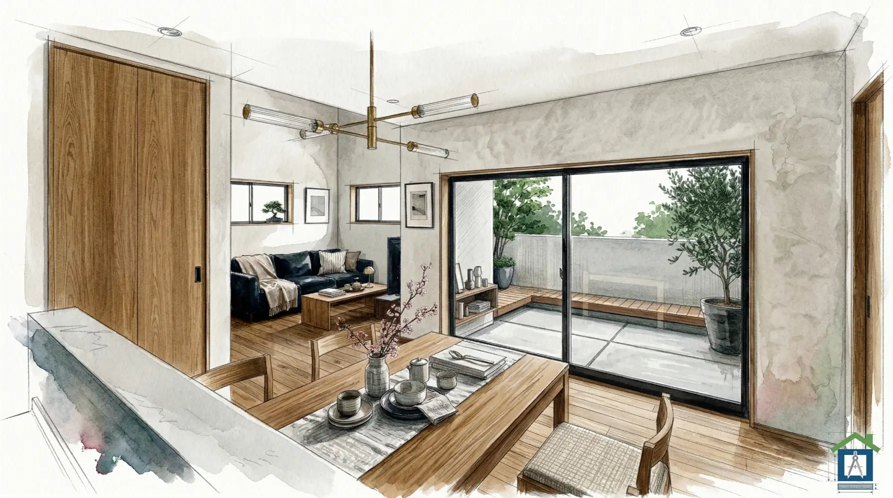 ダイニングから見た内観パース。コの字採光で明るい